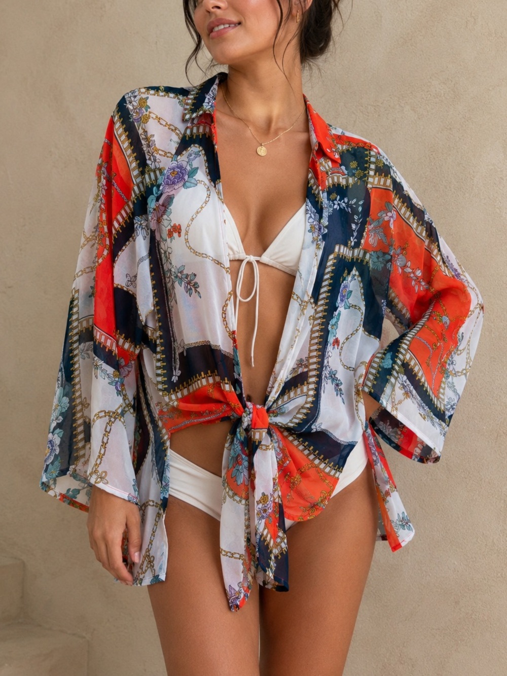 Timing Floral Chain-Print Tie-Front Sheer Blouse - Orange, Green, Cream